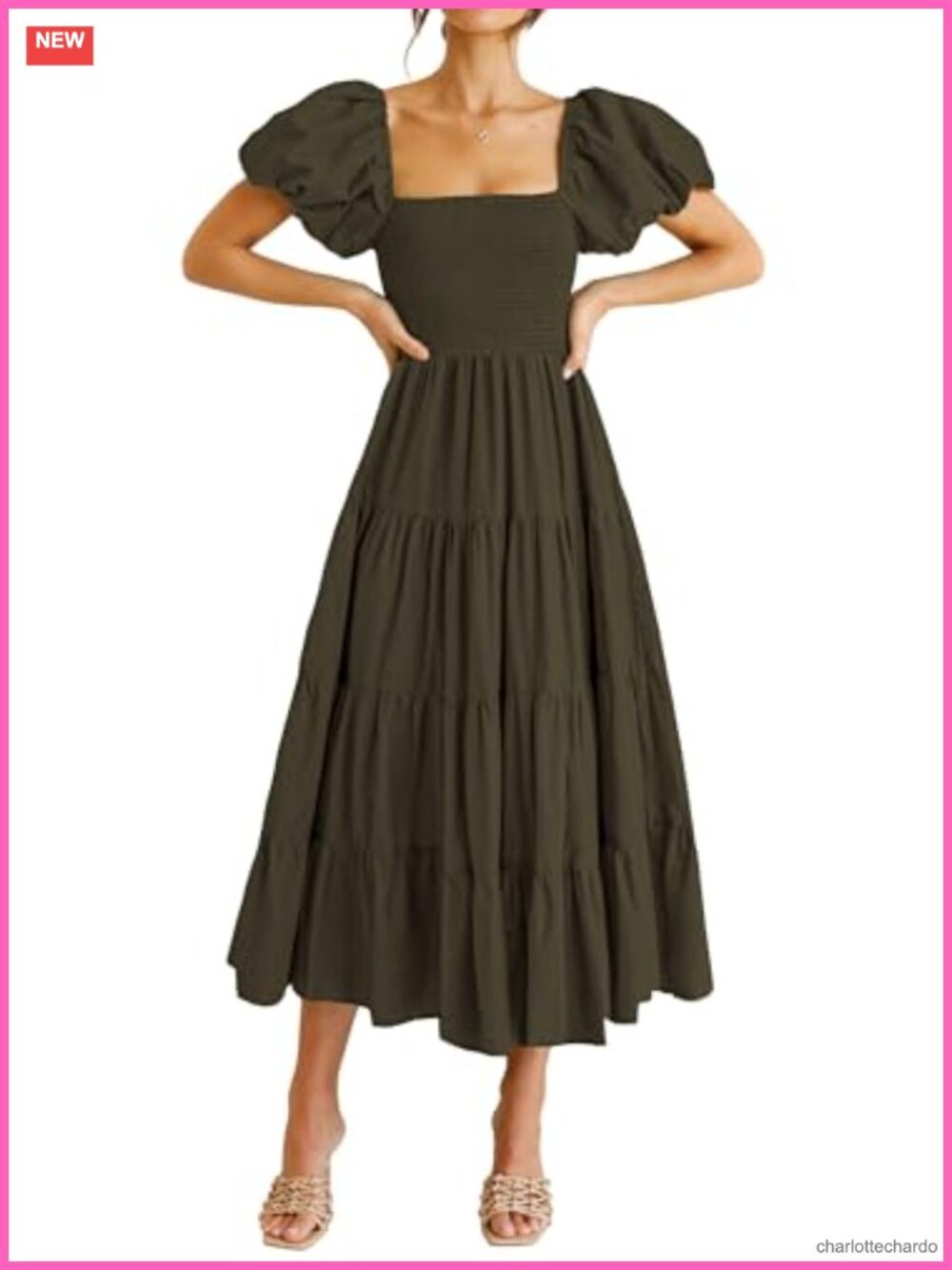 Smocked Midi Dress Square Neck Puff Sleeve Fit Flare Summer Wedding Guest
